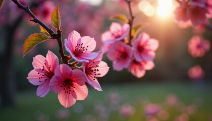 Obraz premium Beautiful Cherry Blossoms Blooming Against a Glowing Sunset, Trees Blooming Timelapse 