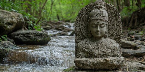 Serene stone bust by a tranquil stream in a lush forest setting.  Peaceful nature scene