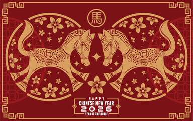 Happy chinese new year 2026  background with horse, year of the horse zodiac with on color background. ( Translation : happy new year, chinese horse 2026 )