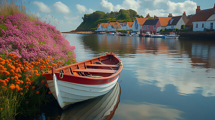Coastal village rowboat harbor summer flowers