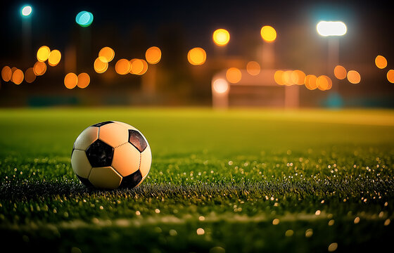 Soccer ball on a football field at night. Close up with bokeh lights in the background.