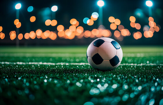 Soccer ball on a football field at night. Close up with bokeh lights in the background.