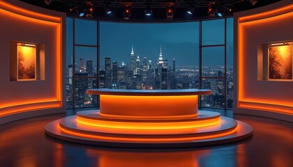 Late night TV show studio set. Empty host desk, modern lighting. City skyline backdrop through panoramic window. Stage lights illuminating show set, preparing before broadcast, evening show.