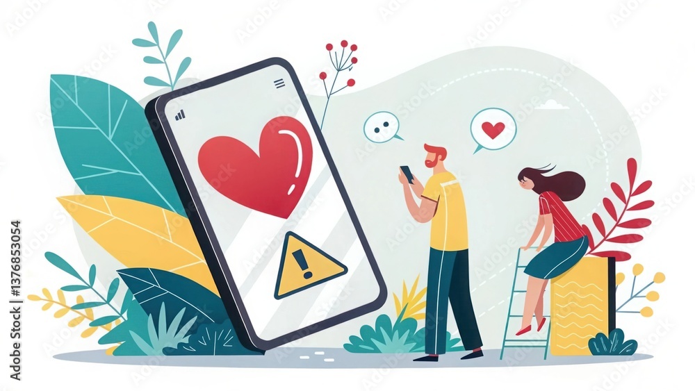 Poster conceptual illustration of modern technology and relationships, featuring a man and woman interactin
