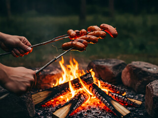 Close-up of hands turning sausages on roasting sticks over a crackling campfire in a natural outdoor setting.