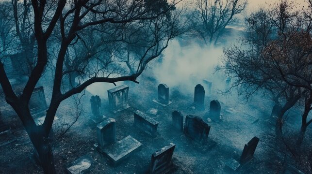 Eerie Graveyard Scene with Fog and Bare Trees Mysterious Atmosphere for Halloween or Horror Th