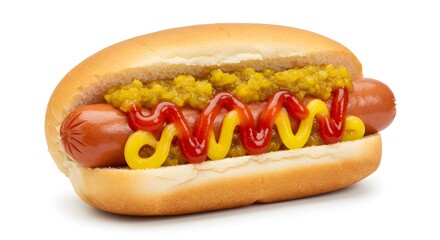 Delicious hot dog with ketchup mustard, fluffy bun on white background