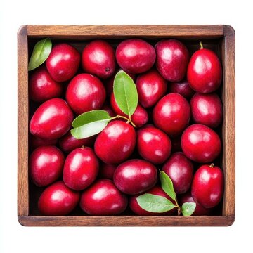 Juicy jujubes in a rustic wooden box, showcasing their rich color and fresh appeal, perfect for snacking or gifting.