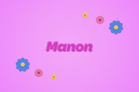 Manon female girl name illustration in pink with blossoms, flowers