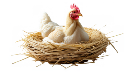 Gallina poniendo huevos aislada sobre fondo transparente. PNG.