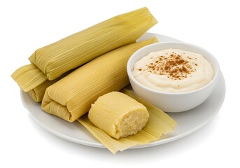 Pamonhas (typical Brazilian food) wrapped in straw and bowls of canjica with cinnamon white background