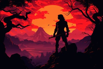 Obraz premium Silhouette figure atop mountain range at sunset