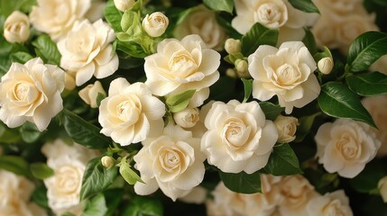 Obraz premium Creamy white gardenias, lush foliage, close-up, floral arrangement, wedding decor