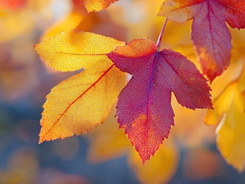 Close-up autumn colorful bright leaves swinging in a tree in autumnal park - Powered by Adobe