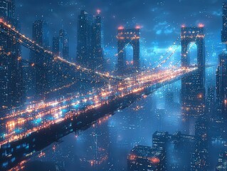 Futuristic cityscape background, bridge, blue night scene, gold city, finance, shinning effect, globalize
