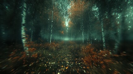 Obraz premium Autumn forest path, mystical fog, nature background, fantasy setting