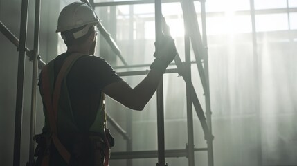 A construction worker setting up scaffolding on-site. Featuring teamwork and expertise
