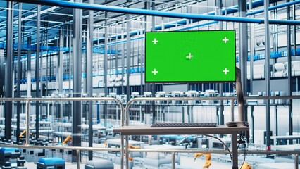 Green screen monitor displaying analytics dashboard for Industry 4.0 smart factory equipment. Industrial plant mockup display visualizing robotic arms performance and metrics from sensor data