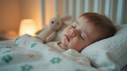 Close-up of a sleeping child in a crib under a soft blanket in a nursery