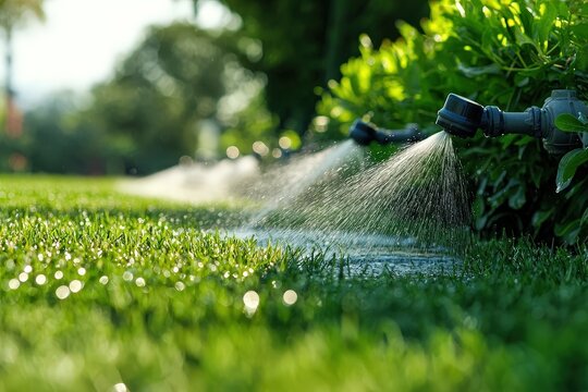 Automatic sprinklers spraying water on a green lawn in a well-maintained garden on sunny day
