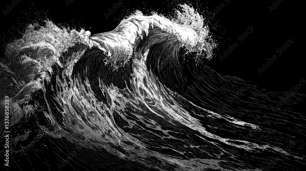 Poster monochrome image of a powerful ocean wave crashing.