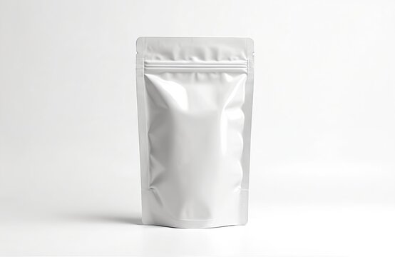 White stand up pouch mockup isolated on white background. Blank food packaging design with zip lock. Empty food bag template, for product branding and display.