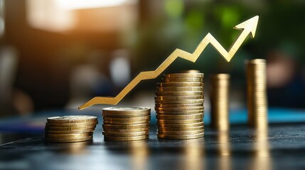 Financial Growth Concept Golden Arrow Rising Stacks Coins Success Business Investment Wealth Increase Profit Economy Finance Banking Money Currency   