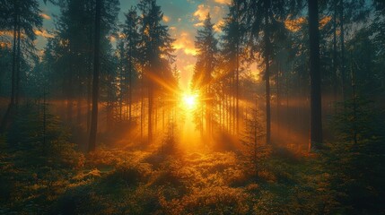 Naklejka premium Observing the sun peeking through the trees in a forest is a serene experience