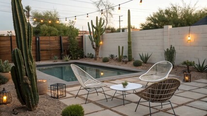 Mid-Century Modern Revival serene mid century modern revival backyard features pool surrounded by cacti and string lights creating cozy atmosphere