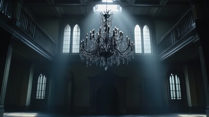 Elegant Gothic Interior with Chandelier and Sunlight Beams
