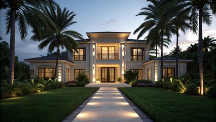 Modern luxury mansion at dusk with palm trees and lawn. Exterior of a modern villa. Created with Ai