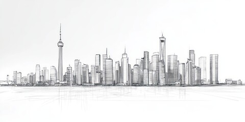 Naklejka premium A detailed line drawing of a city skyline with various skyscrapers and a prominent tower, set against a clear sky. Trees are visible in the foreground, adding a natural element to the urban scene.