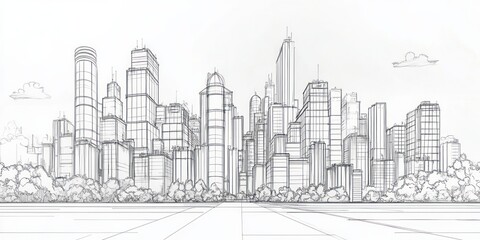 Obraz premium A detailed line drawing of a city skyline with various skyscrapers and a prominent tower, set against a clear sky. Trees are visible in the foreground, adding a natural element to the urban scene.