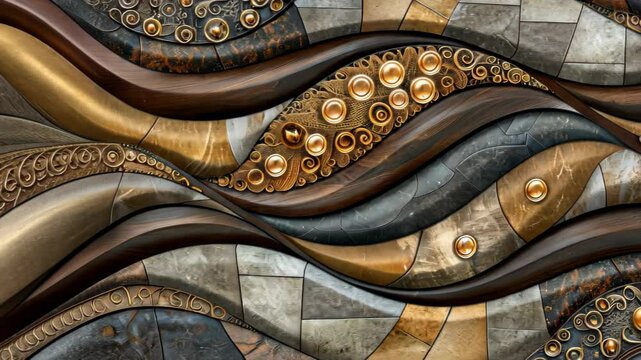 Elevate your space with a 3D wallpaper mimicking a luxurious wood and gold mosaic decor. Ai Generated.