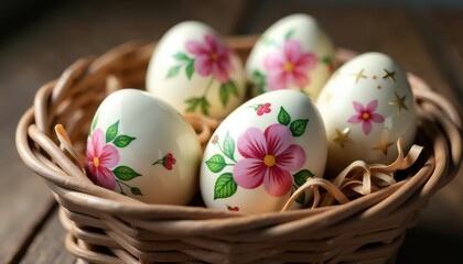 Fototapeta premium Basket Filled With Colorful Easter Eggs Held In Hands With Ornate Designs, Vibrant Spring Holiday Decoration, Symbol Of Renewal And Festivity, AI Generated