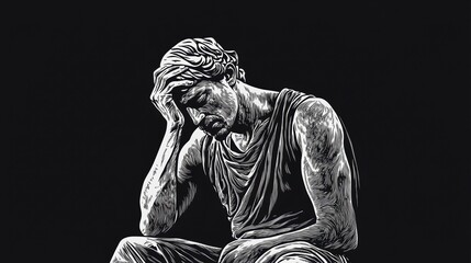 Fototapeta premium Pensive man statue, hand on head, sorrow, grief, depression, monochrome.