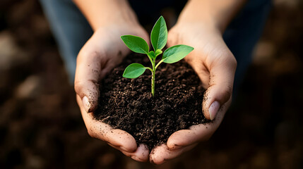 Individuals planting a young sprout in rich soil, showcasing commitment to environmental sustainability and gardening practices
