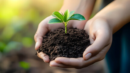 Hands holding a young plant with rich soil in a garden during daylight hours to symbolize growth and sustainability