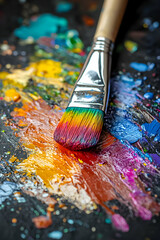 Fototapeta premium Vibrant paintbrush resting on a colorful palette at an artist's studio during creative session