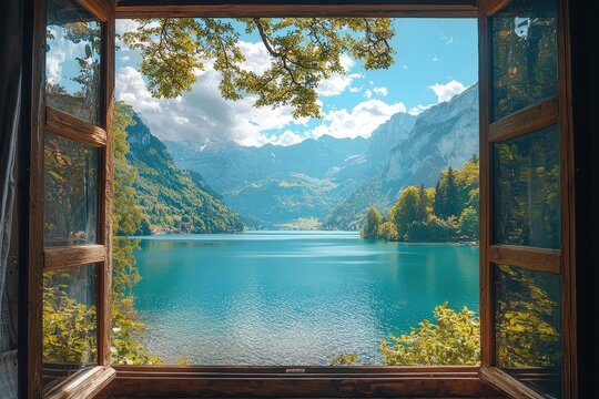 Fototapeta View from window at a wonderful beautiful landscape nature panorama