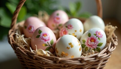 Obraz premium Basket Filled With Colorful Easter Eggs Held In Hands With Ornate Designs, Vibrant Spring Holiday Decoration, Symbol Of Renewal And Festivity, AI Generated