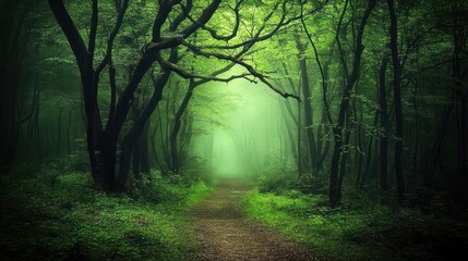 Obraz premium Enchanted Forest Pathway Illuminated by Mysterious Light Natures Serenity Greenery Tranquil