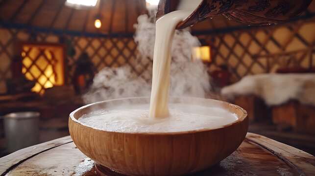 Mongolian Airag Fermented Mares Milk being poured into traditional wooden bowl long exposure capturing the silky flow and misty steam rising rustic yurt interior in the background