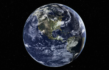 Earth as viewed from space, with North America, South America, and the Caribbean clearly visible. at night  Elements of this 3D rendered illustration where furnished by NASA