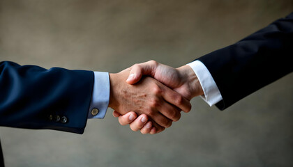 a high quality photograph of two businessmen in suits shaking hands, professional corporate...