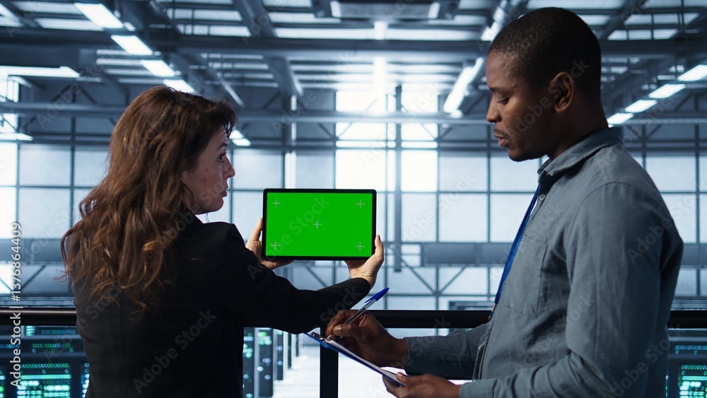 Poster system administrators in server farm using isolated screen mockup tablet to verify settings. data ce