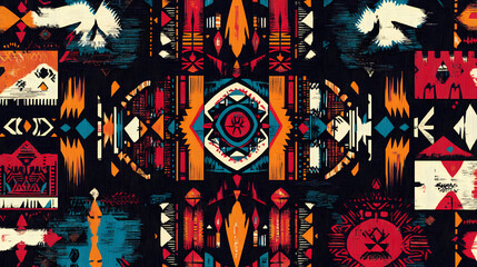 Fototapeta premium A textile with native-inspired intricate woven patterns, incorporating cultural symbols and vibrant color schemes. Woven Symbols. Illustration