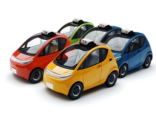 Four colorful electric taxi cars are neatly parked together on a plain white background showcasing modern transportation.