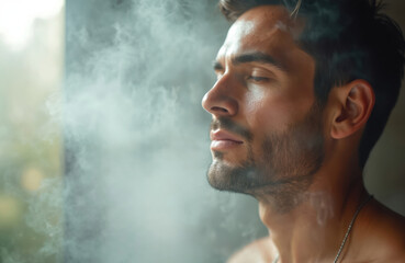 Close-up man face in misty steam room. Steam benefits skin health, promotes relaxation and wellness. Male enjoys spa treatment for skincare. Closed eyes. Calm, peace, serenity.