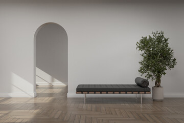 Empty white wall with arched entry and furniture decoration. 3d rendering of showroom interior.
